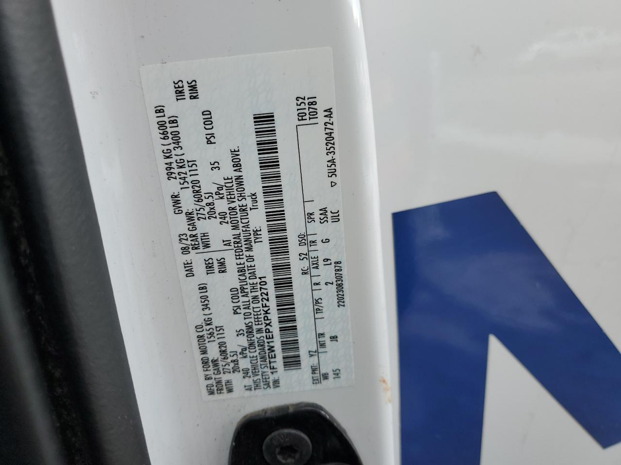 2023 FORD F150 SUPERCREW VIN:1FTEW1EPXPKF22701