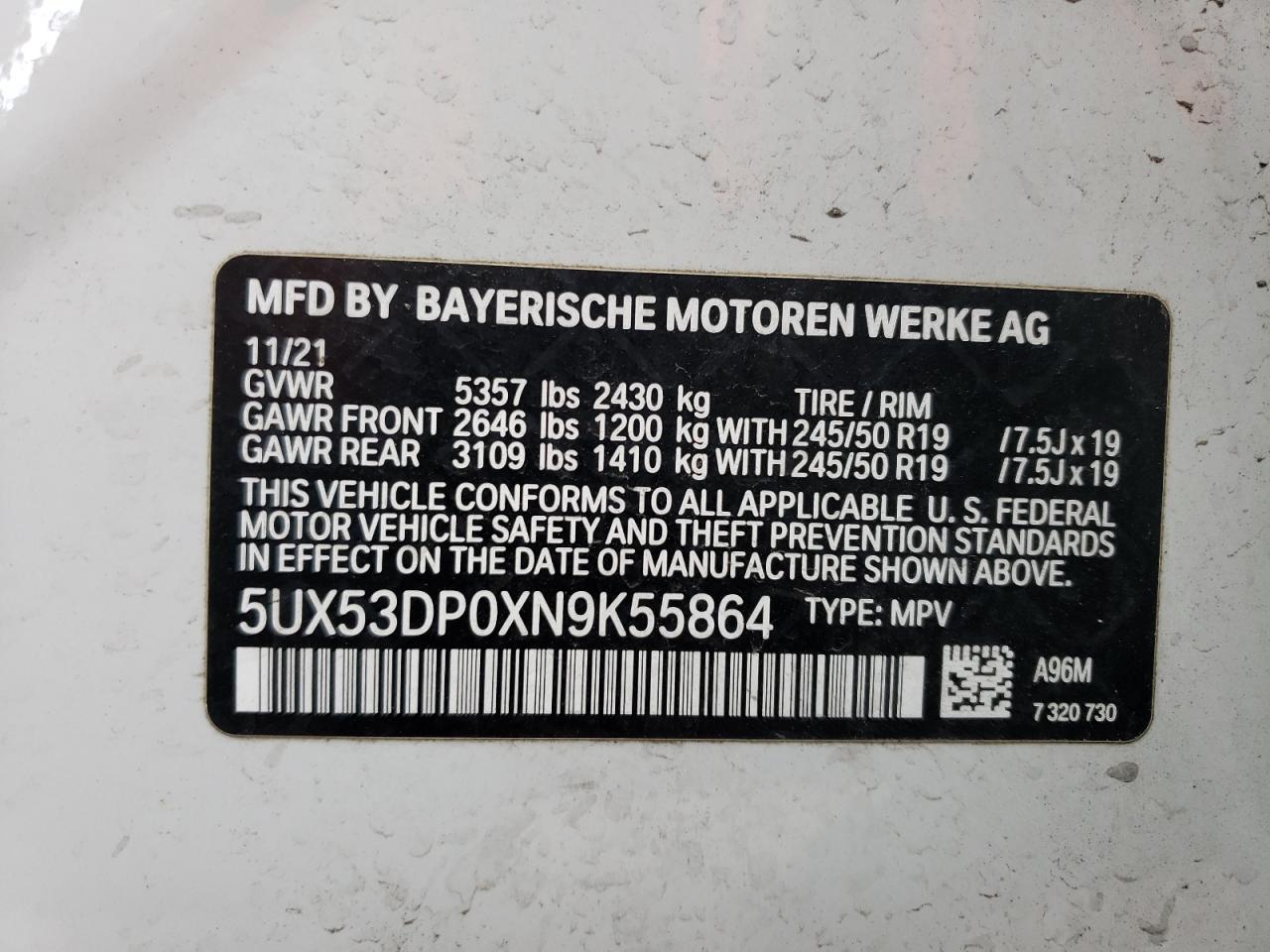 2022 BMW X3 XDRIVE30I VIN:5UX53DP0XN9K55864