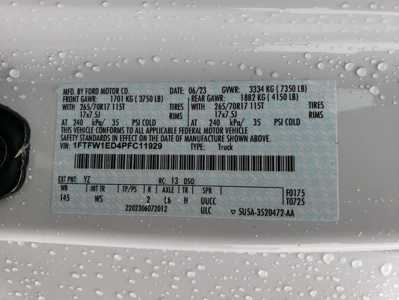 2023 FORD F150 SUPERCREW VIN:1FTFW1ED4PFC11929