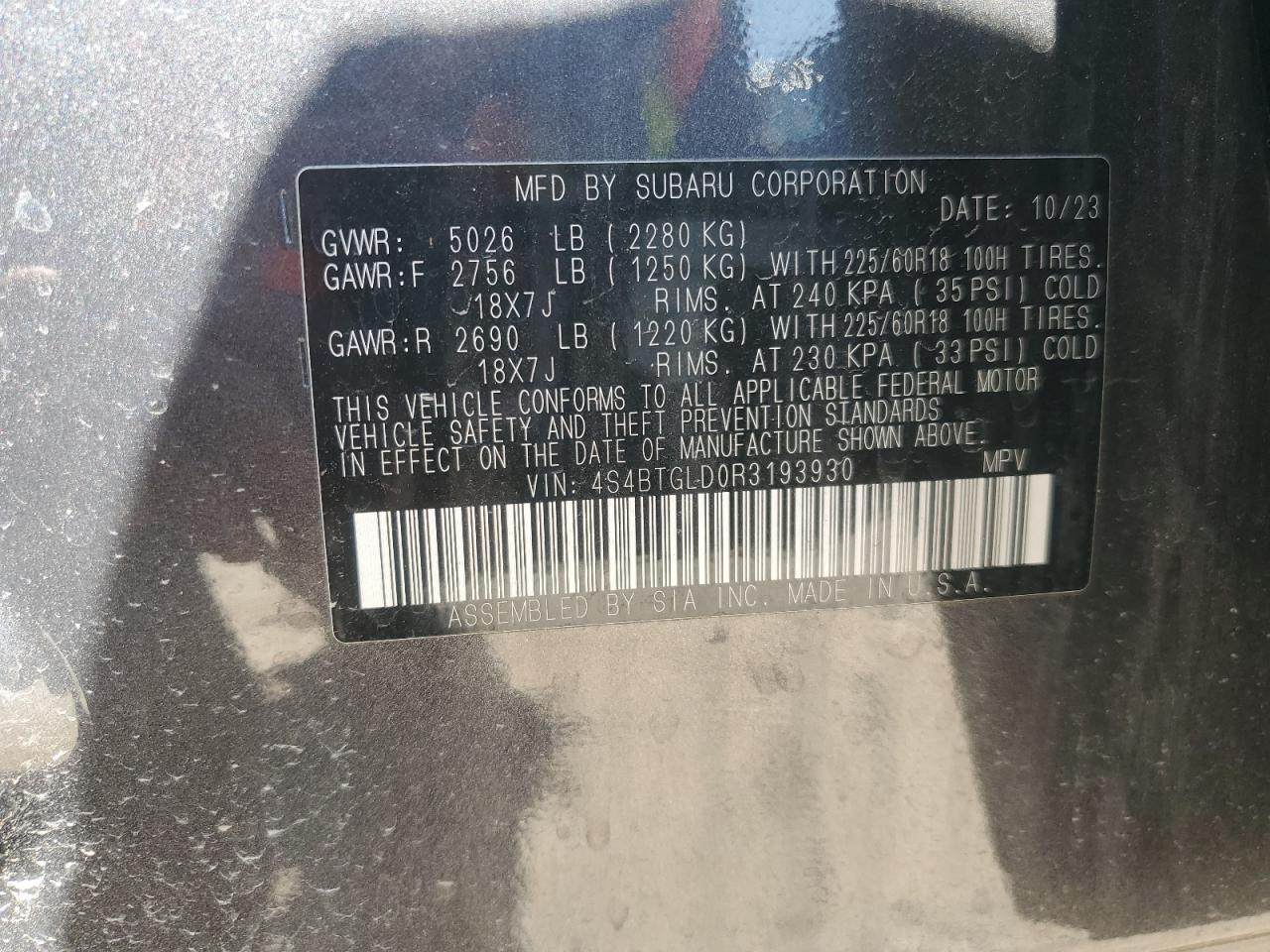 2024 SUBARU OUTBACK ONYX EDITION XT VIN:4S4BTGLD0R3193930