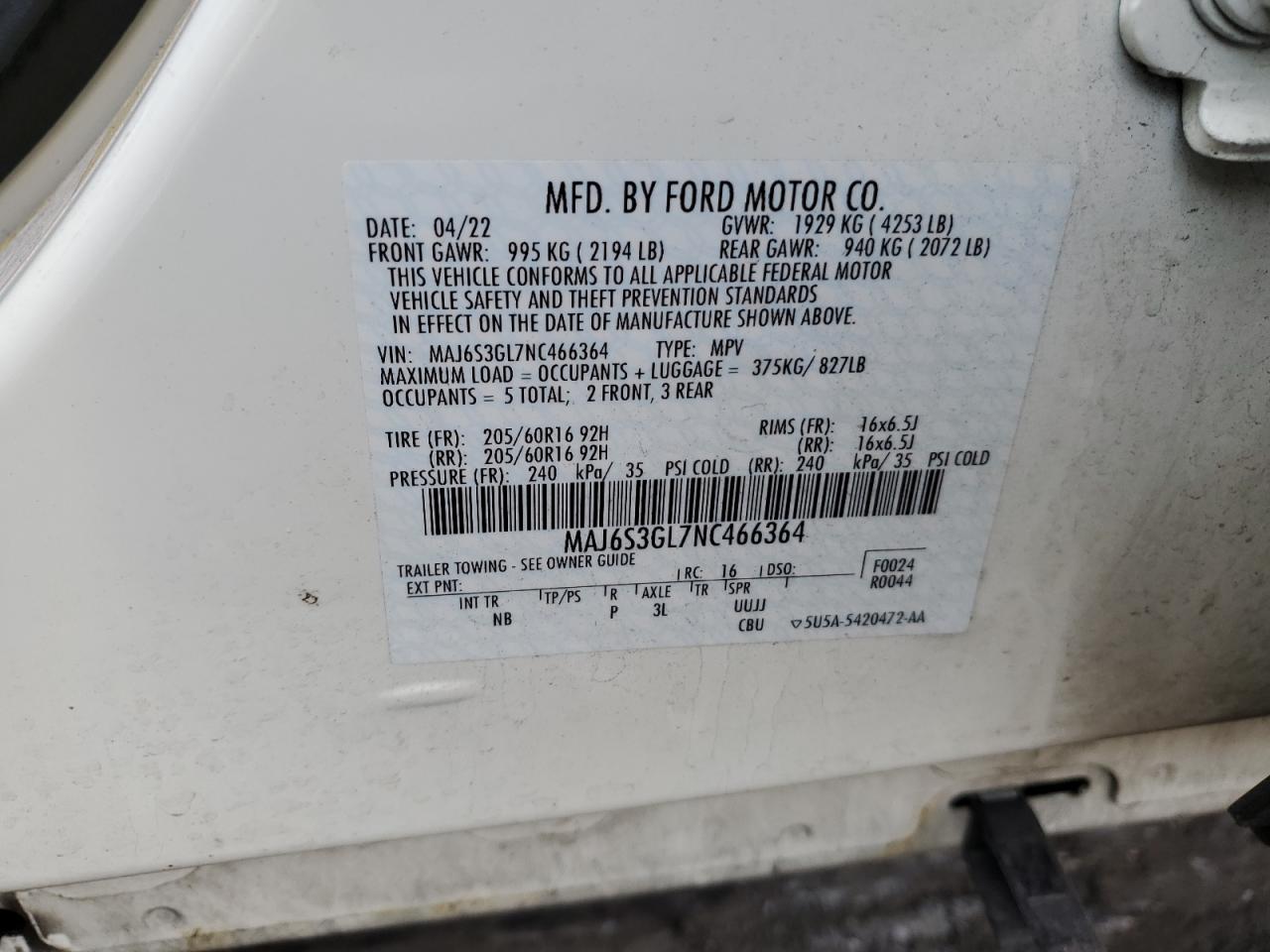 2022 FORD ECOSPORT SE VIN:MAJ6S3GL7NC466364