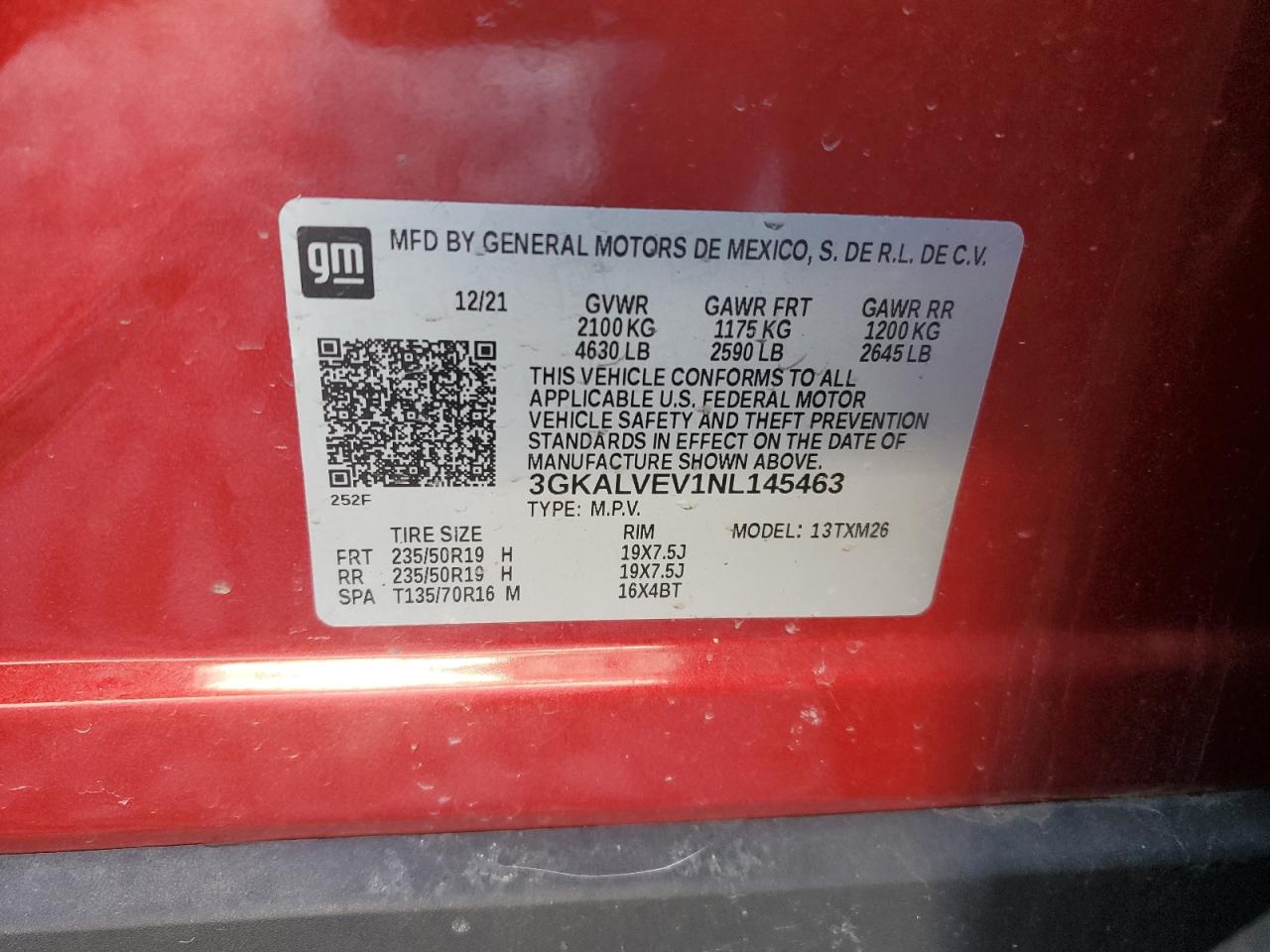 2022 GMC TERRAIN SLT VIN:3GKALVEV1NL145463