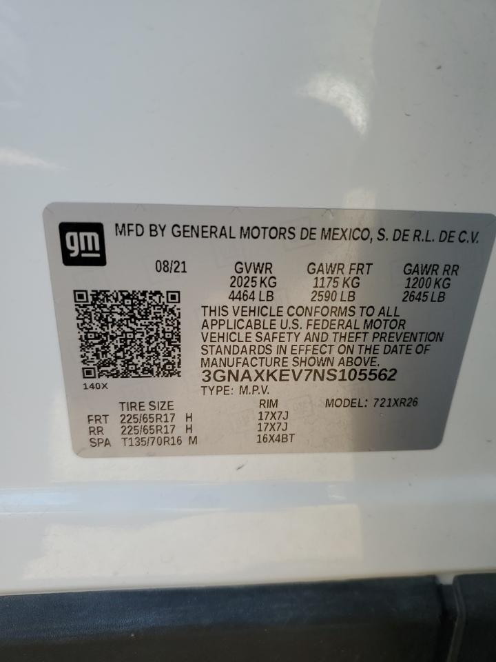 2022 CHEVROLET EQUINOX LT VIN:3GNAXKEV7NS105562