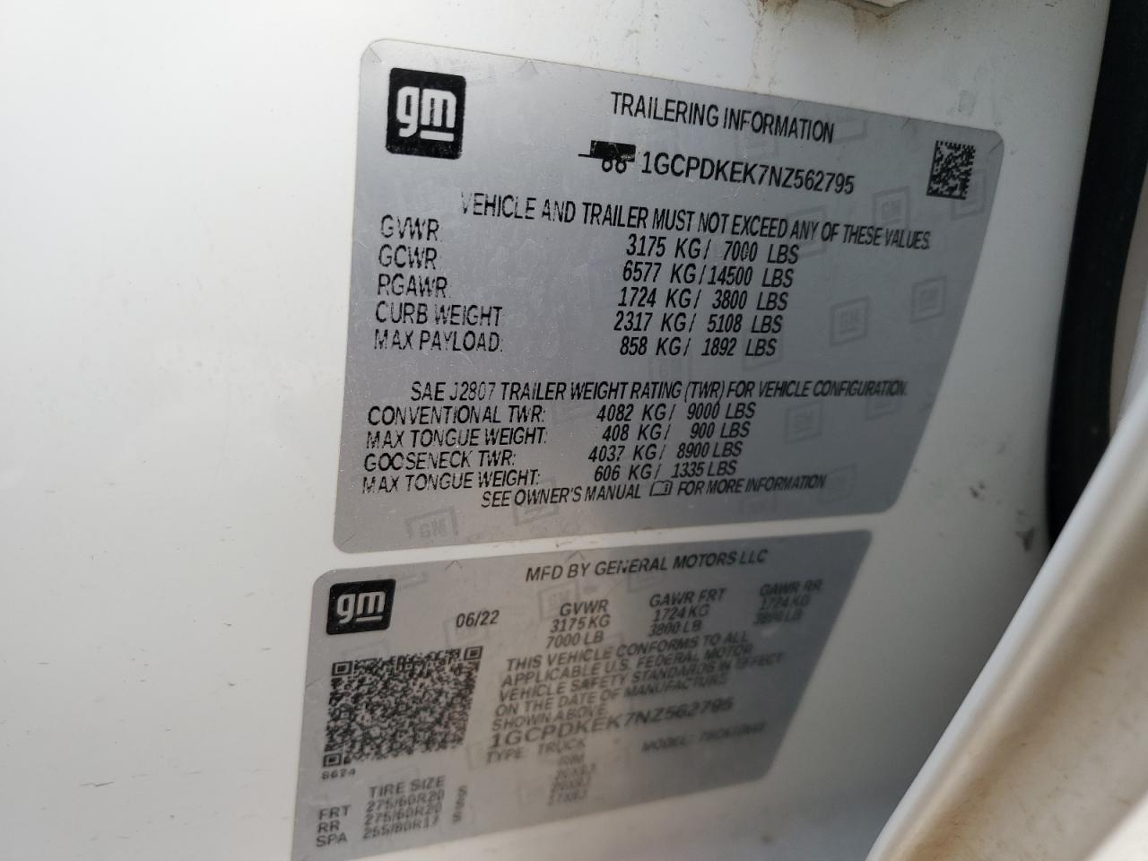 2022 CHEVROLET SILVERADO K1500 LT-L VIN:1GCPDKEK7NZ562795