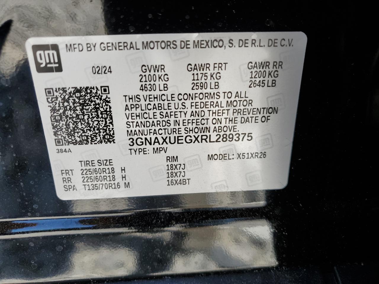 2024 CHEVROLET EQUINOX LT VIN:3GNAXUEGXRL289375