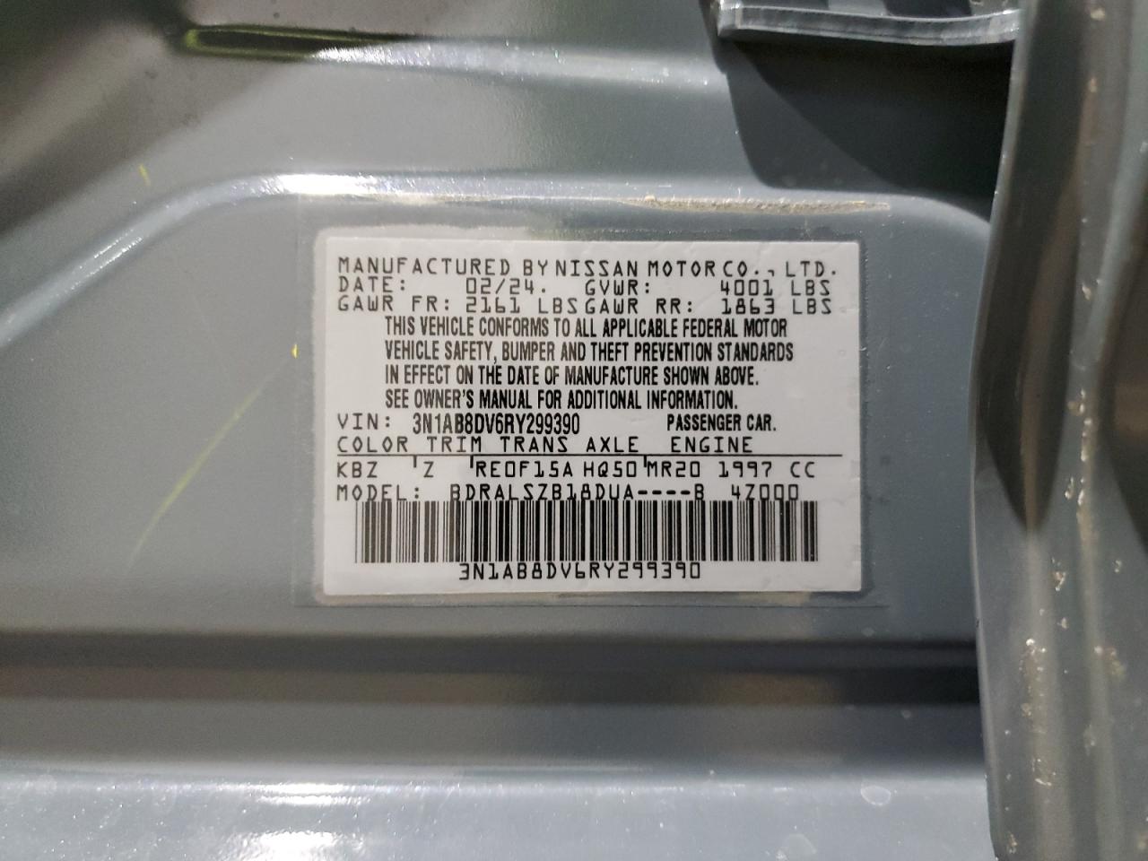 2024 NISSAN SENTRA SR VIN:3N1AB8DV6RY299390