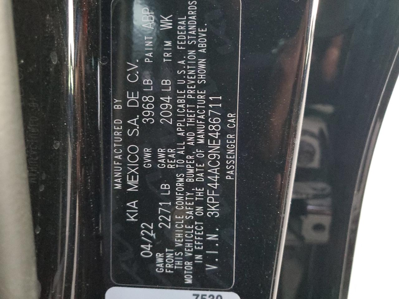 2022 KIA FORTE GT VIN:3KPF44AC9NE486711