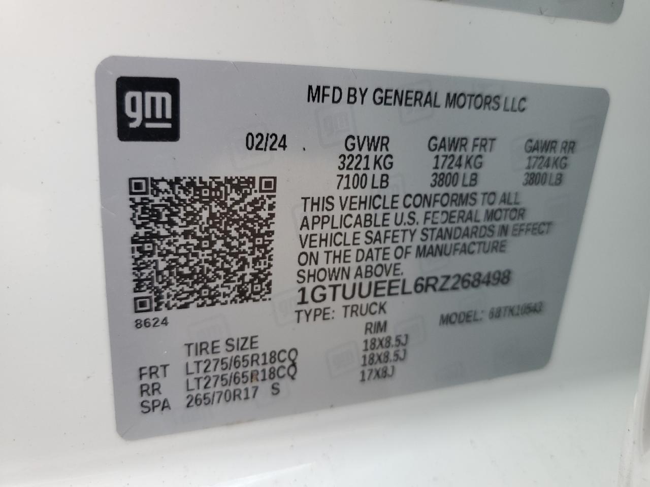 2024 GMC SIERRA K1500 AT4 VIN:1GTUUEEL6RZ268498