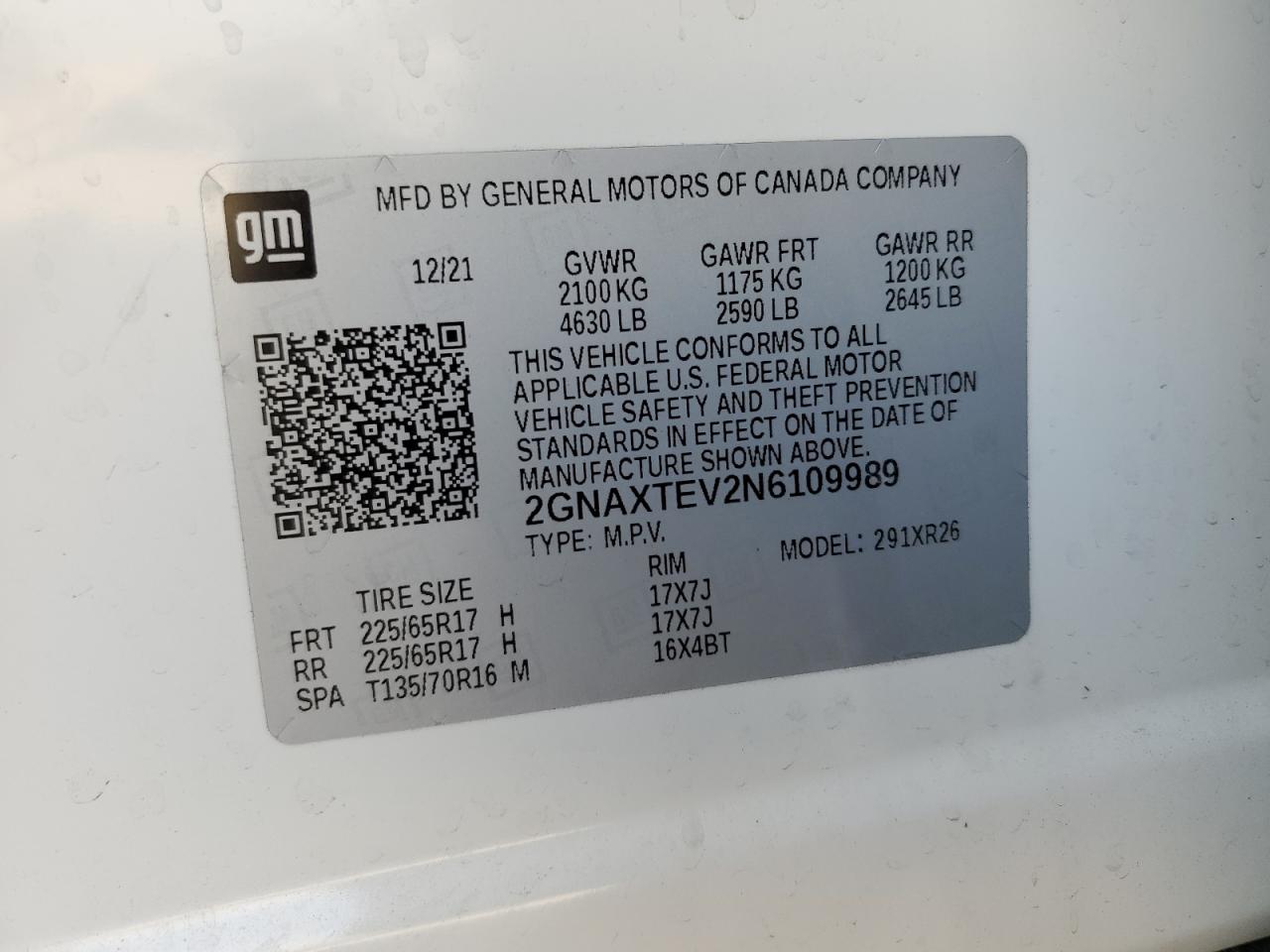 2022 CHEVROLET EQUINOX LT VIN:2GNAXTEV2N6109989