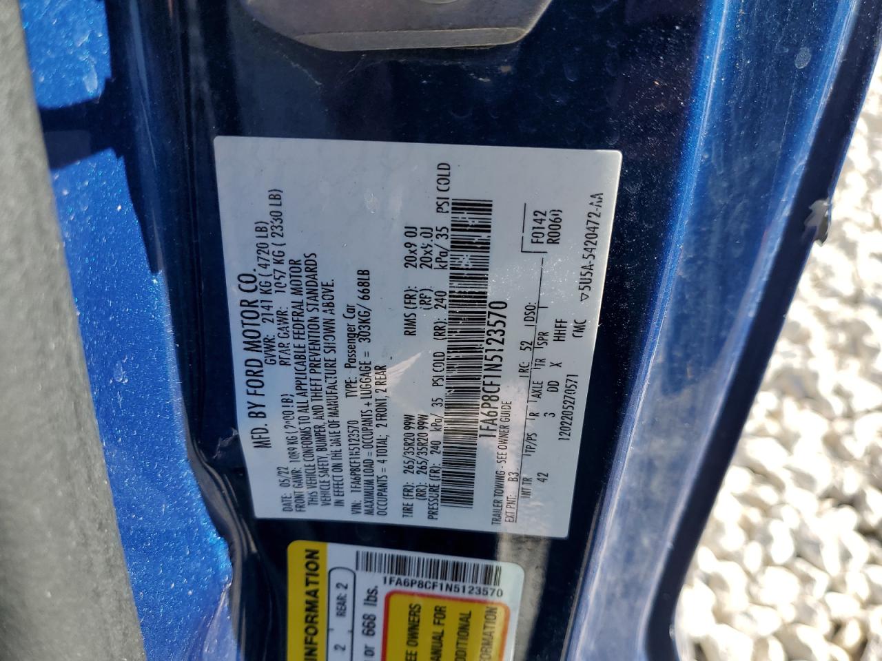 2022 FORD MUSTANG GT VIN:1FA6P8CF1N5123570