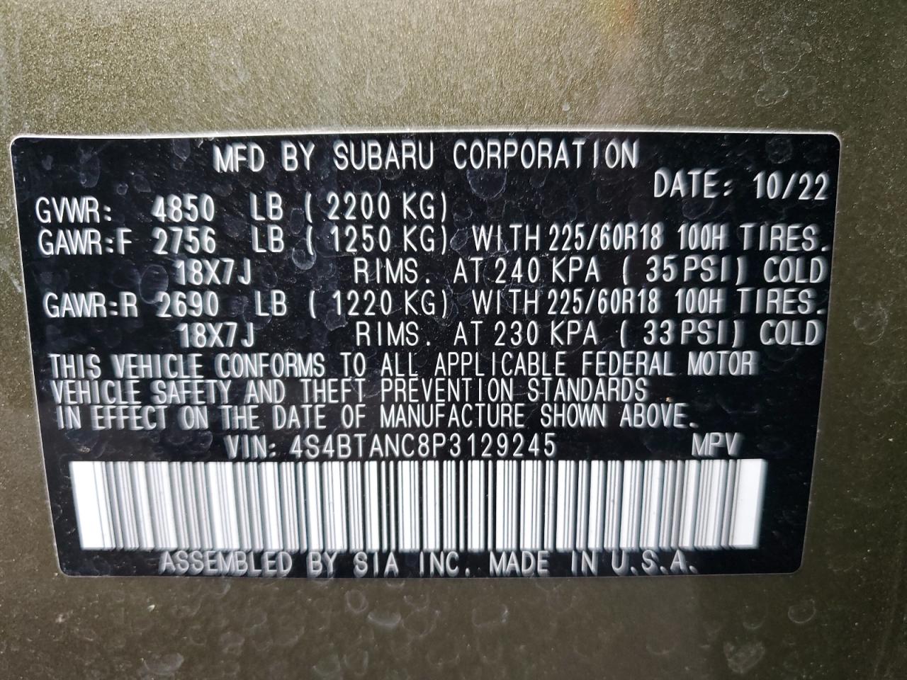 2023 SUBARU OUTBACK LIMITED VIN:4S4BTANC8P3129245