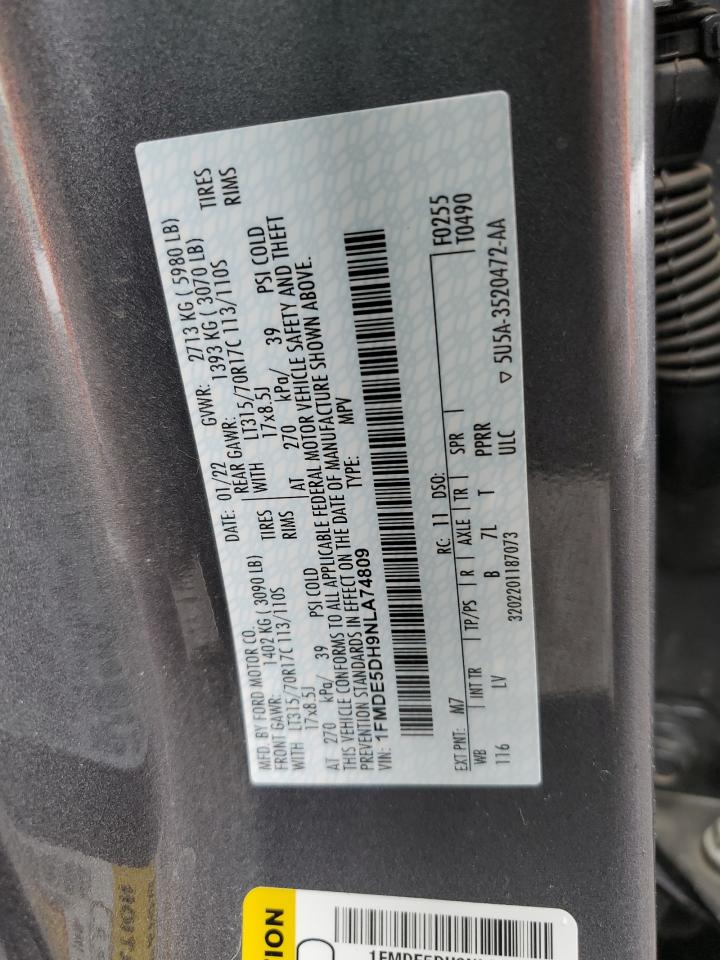 2022 FORD BRONCO BASE VIN:1FMDE5DH9NLA74809