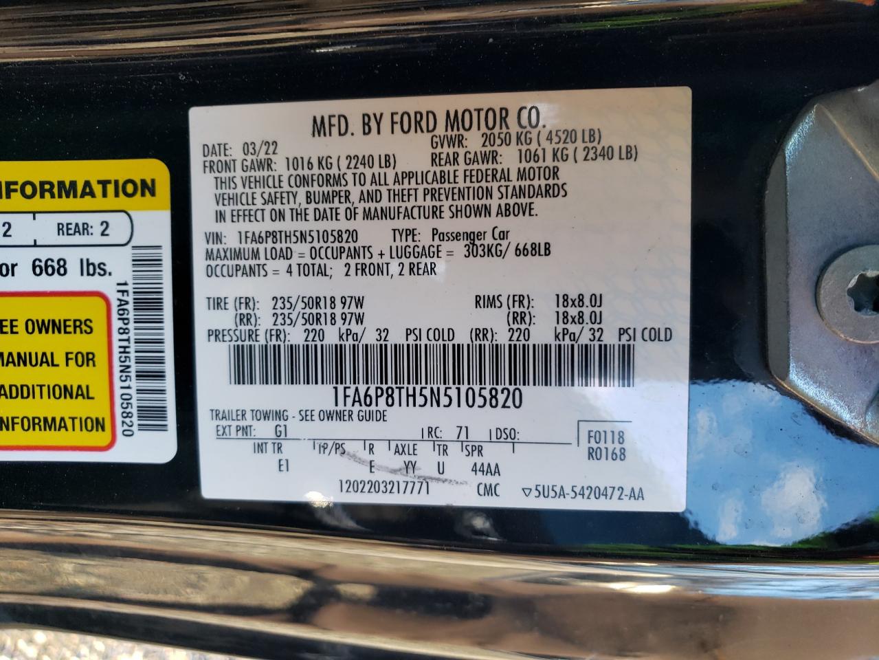 2022 FORD MUSTANG  VIN:1C6RR6FT7JS350577
