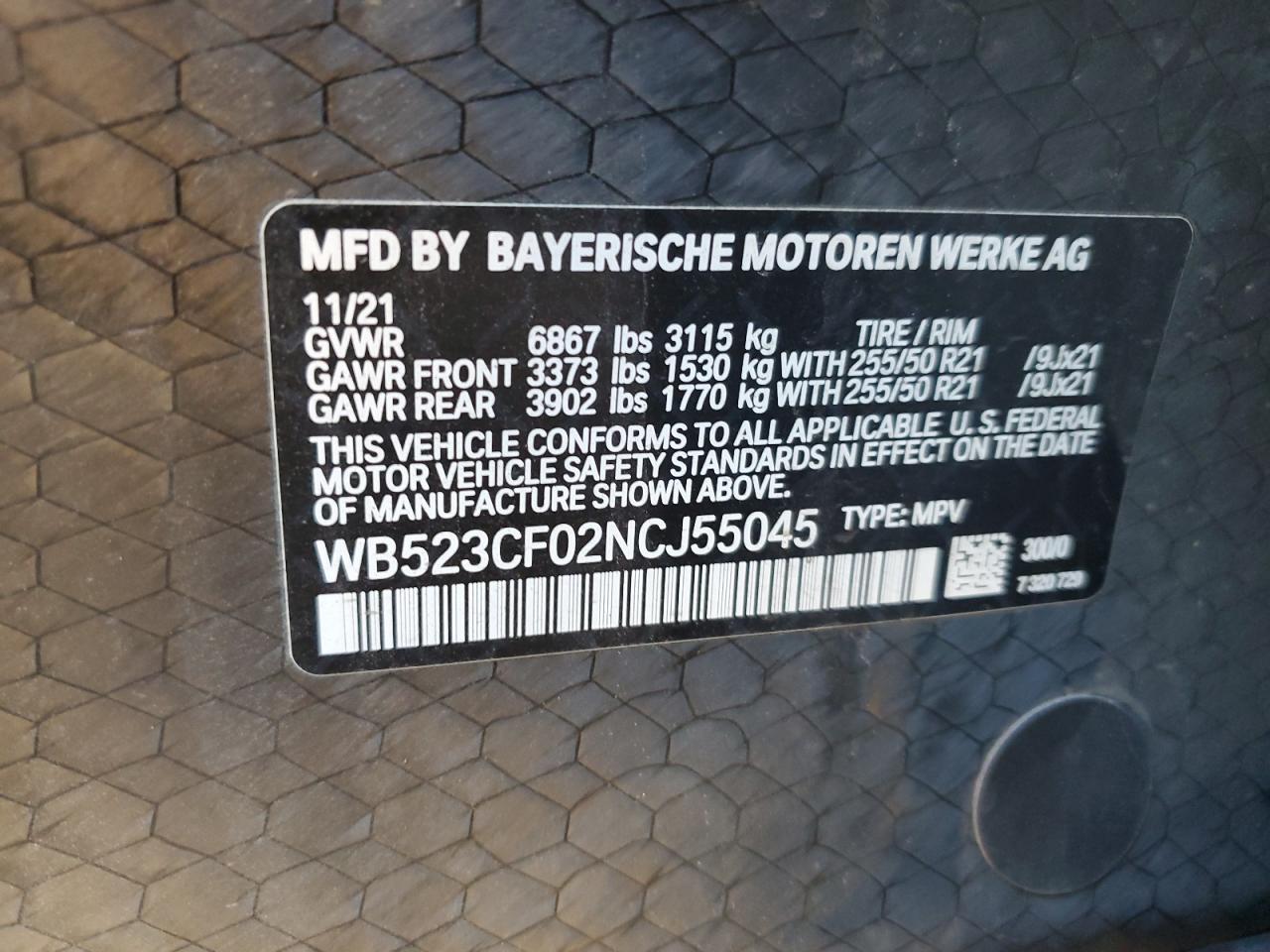 2022 BMW IX XDRIVE50 VIN:WB523CF02NCJ55045