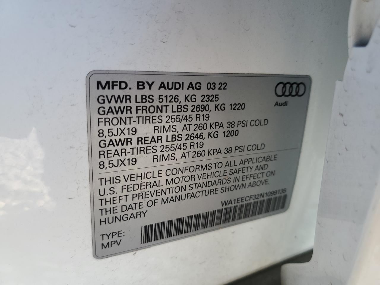 2022 AUDI Q3 PREMIUM PLUS S LINE 45 VIN:WA1EECF32N1099135