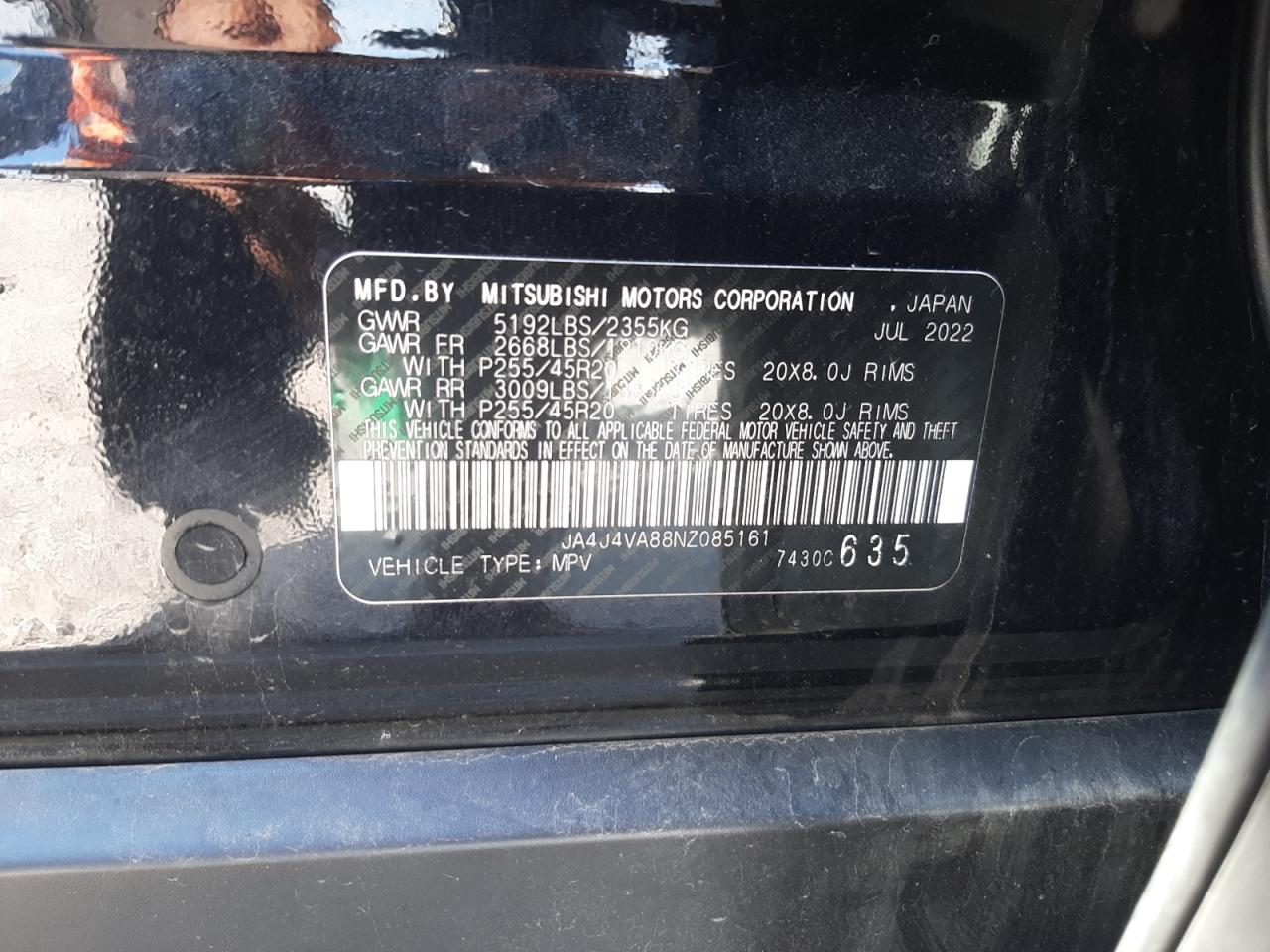 2022 MITSUBISHI OUTLANDER SEL VIN:JA4J4VA88NZ085161