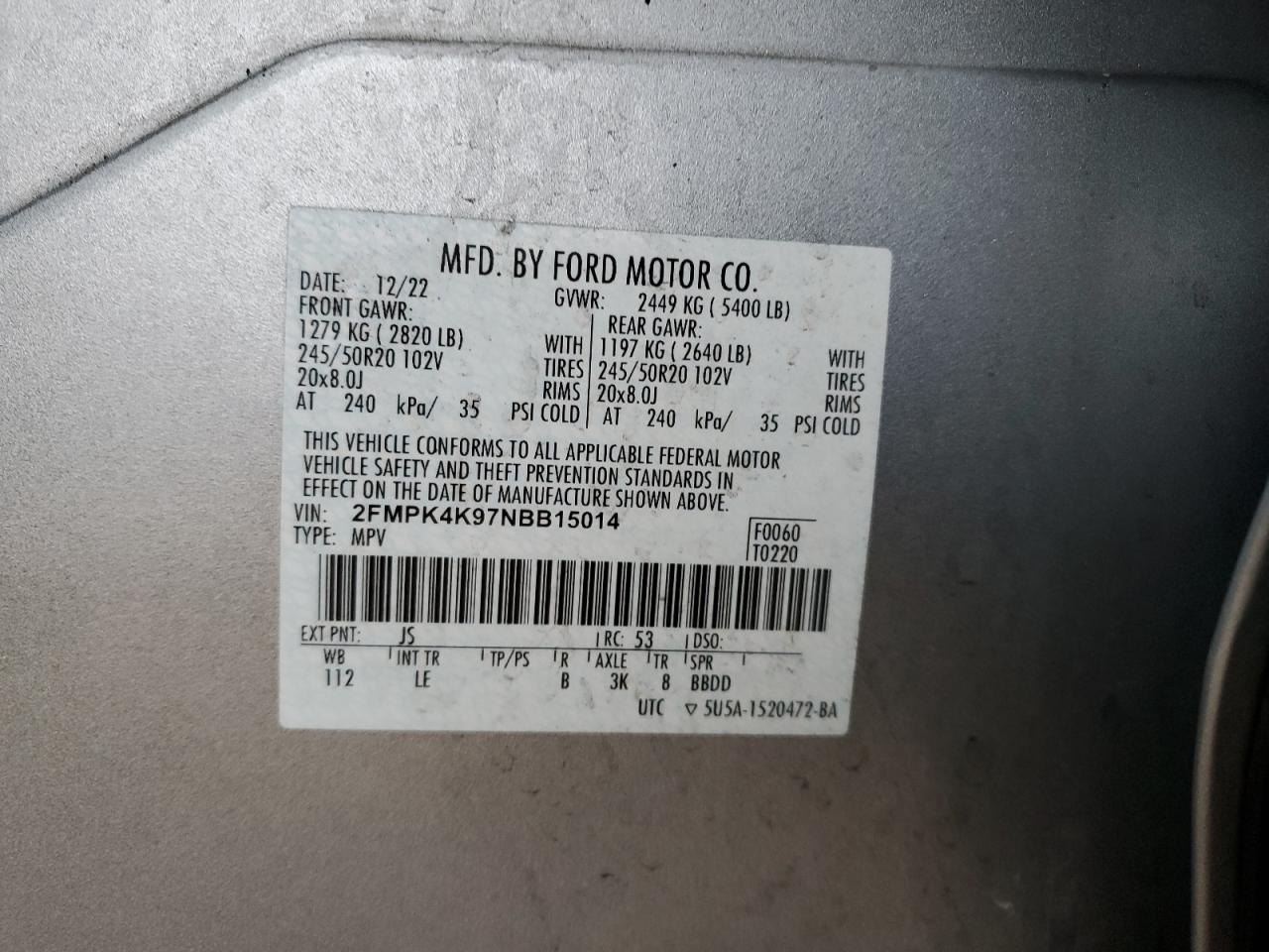 2022 FORD EDGE TITANIUM VIN:2FMPK4K97NBB15014