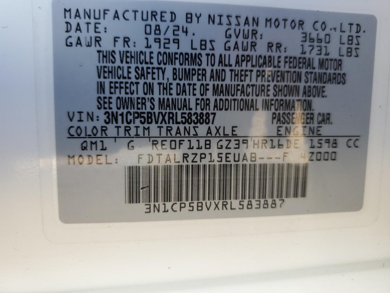 2024 NISSAN KICKS S VIN:3N1CP5BVXRL583887