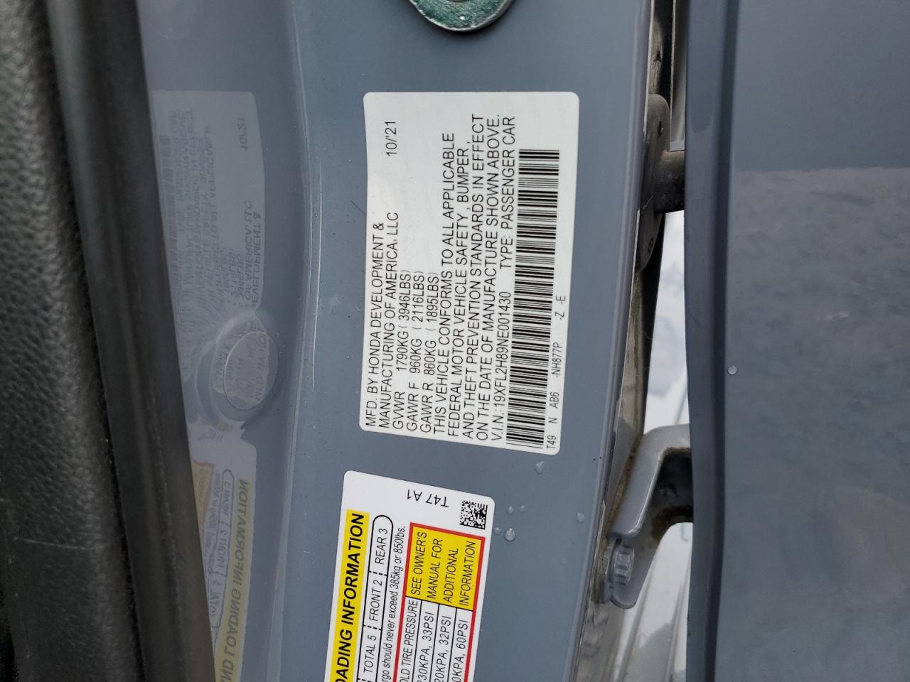 2022 HONDA CIVIC SPORT VIN:19XFL2H89NE001430