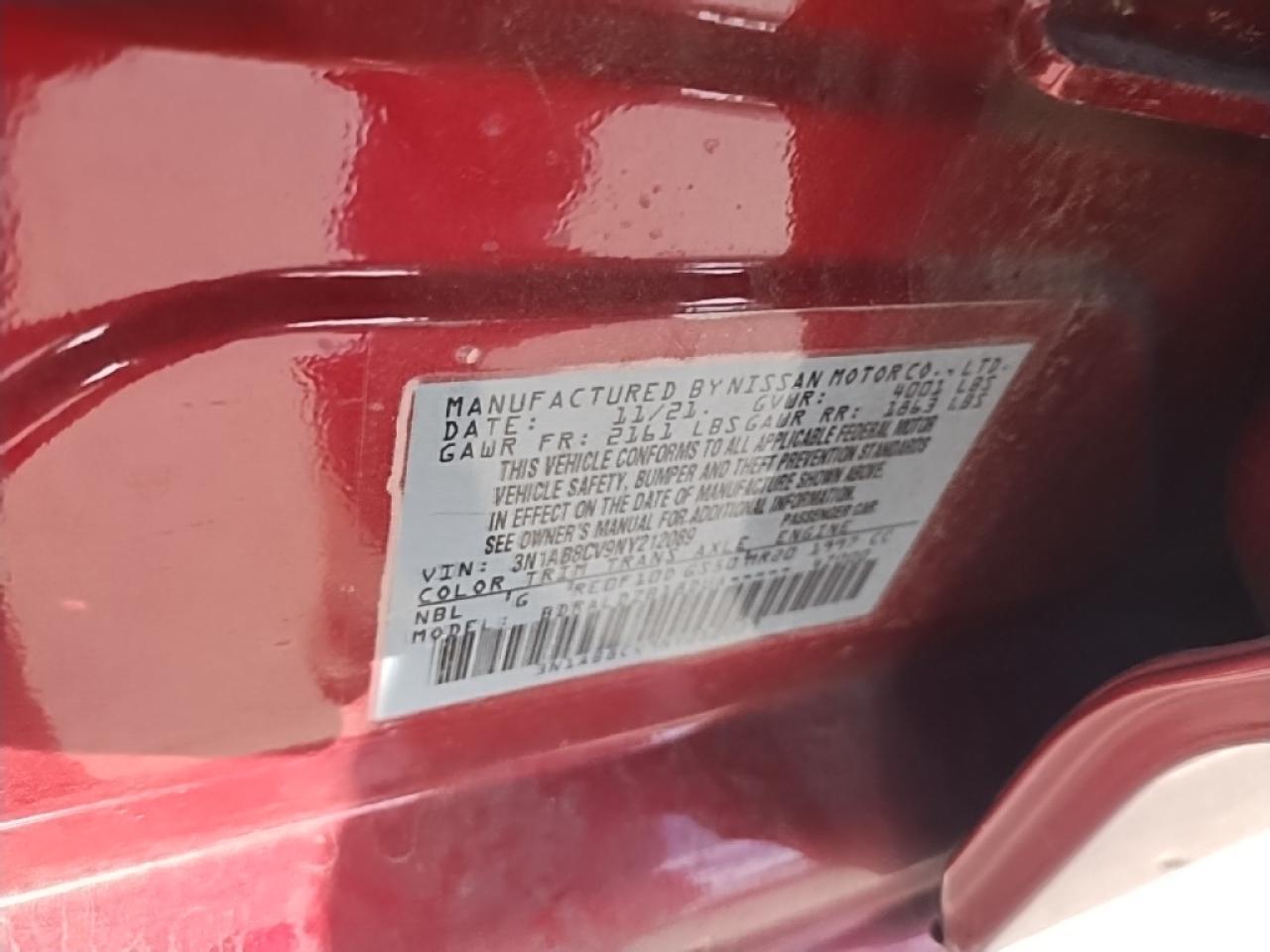 2022 NISSAN SENTRA SV VIN:3N1AB8CV9NY212089