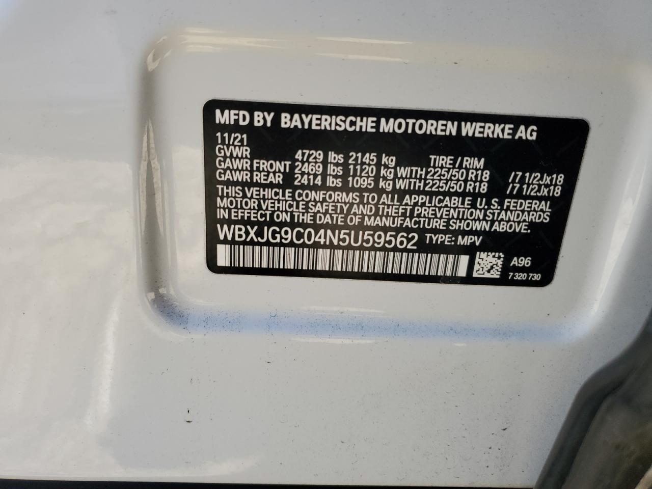 2022 BMW X1 XDRIVE28I VIN:WBXJG9C04N5U59562