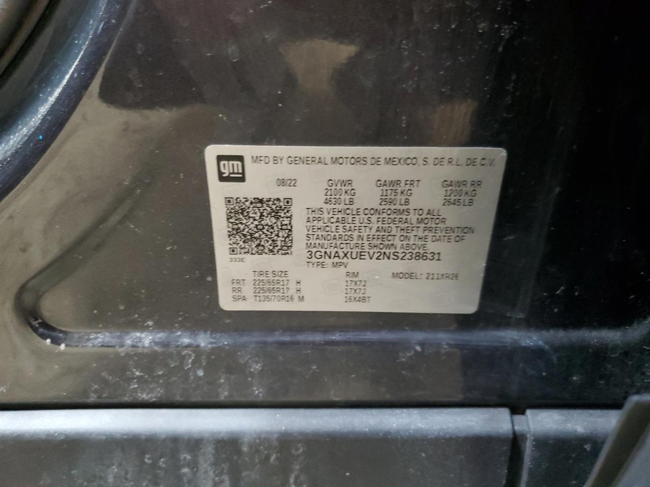 2022 CHEVROLET EQUINOX LT VIN:3GNAXUEV2NS238631