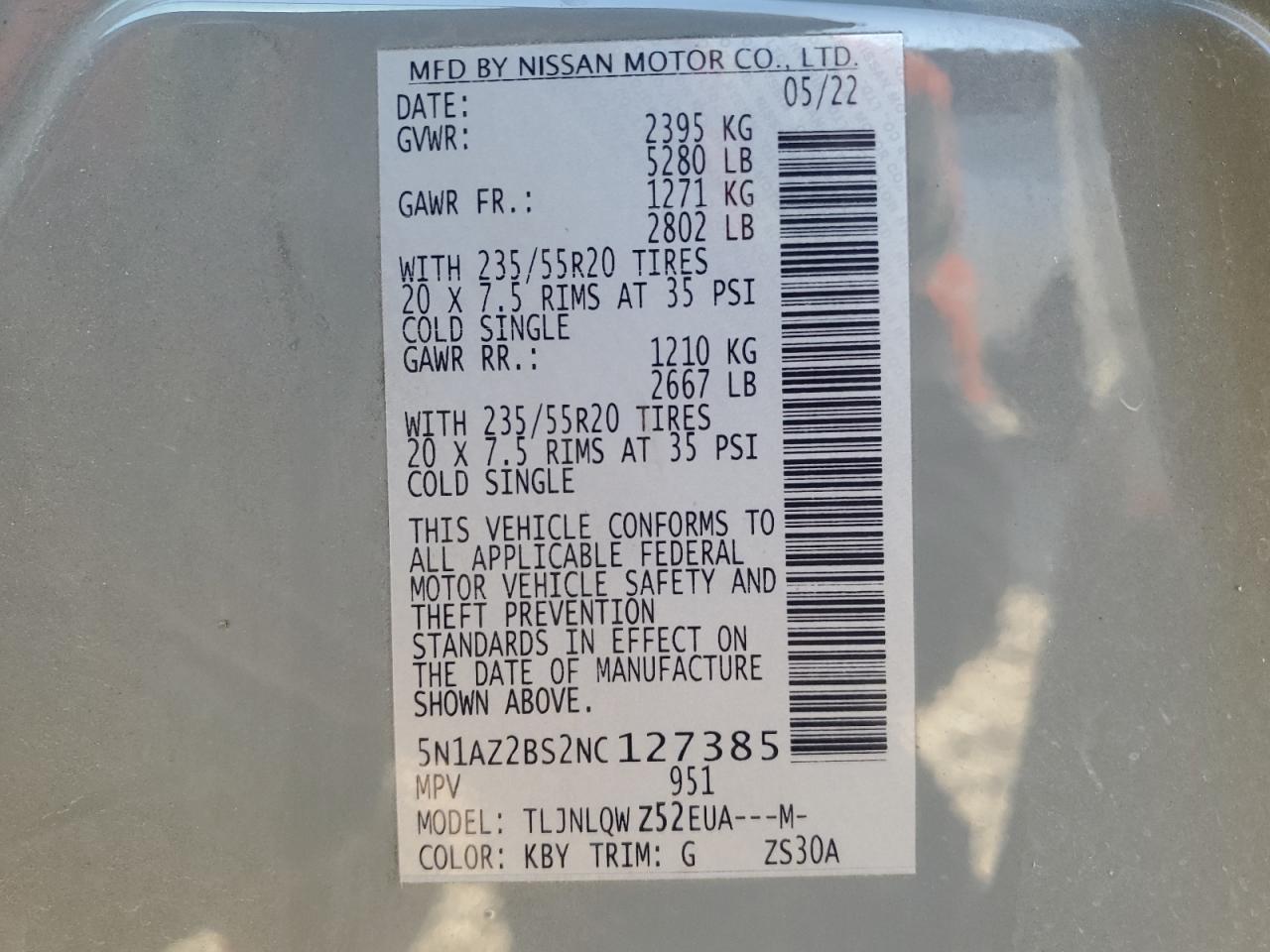 2022 NISSAN MURANO SV VIN:5N1AZ2BS2NC127385