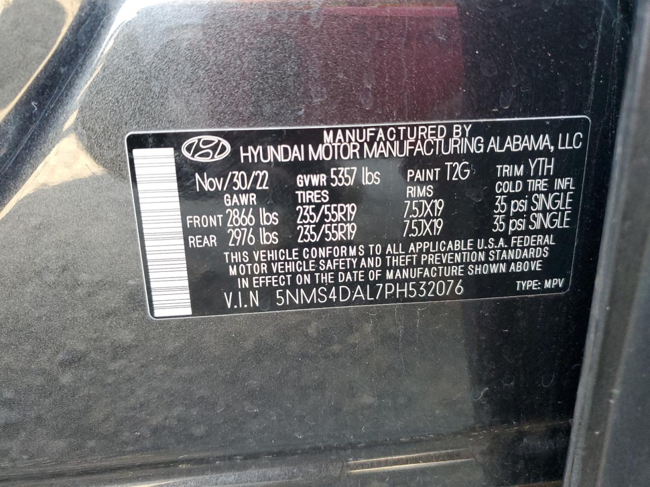 2023 HYUNDAI SANTA FE LIMITED VIN:5NMS4DAL7PH532076