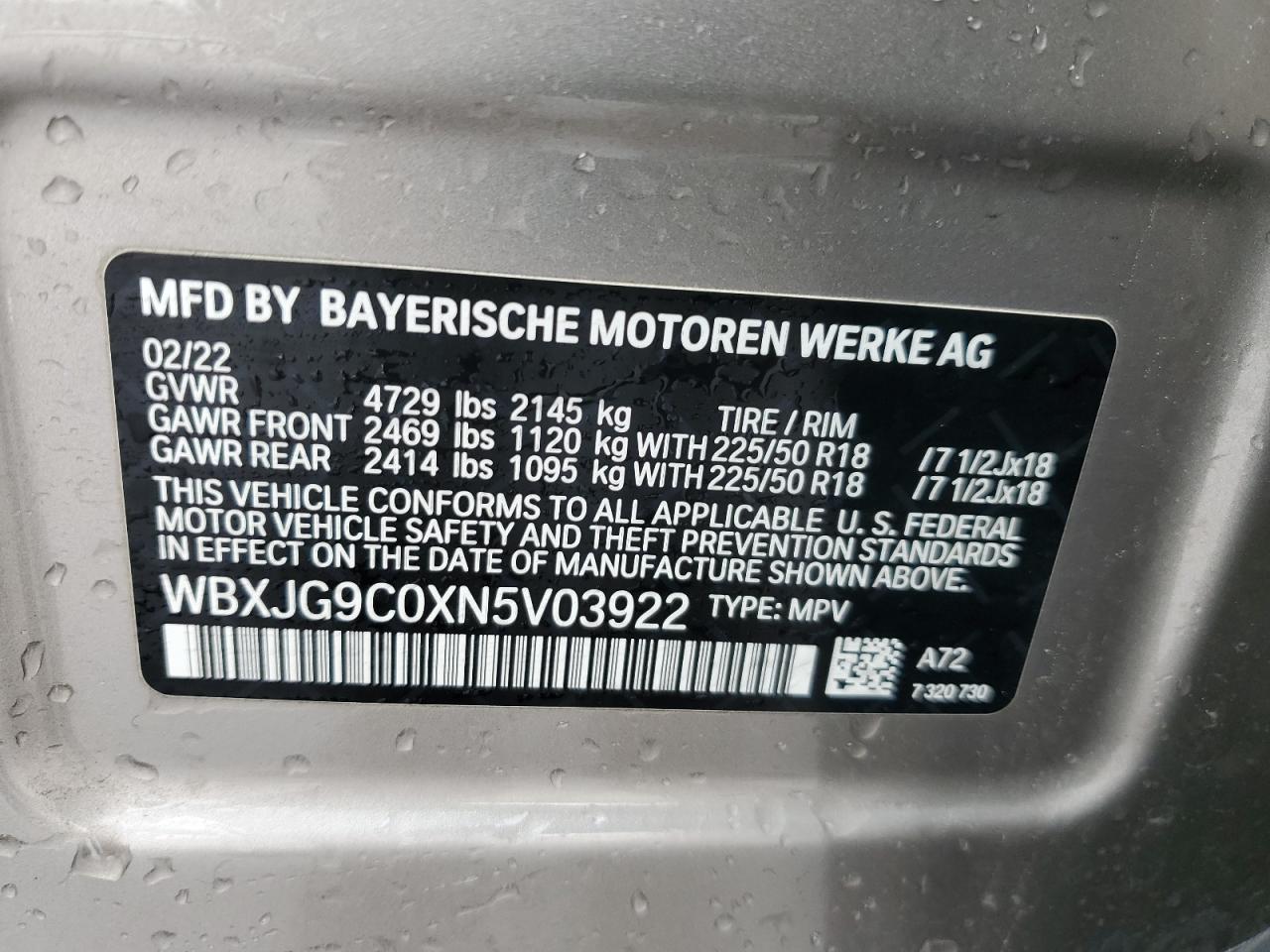2022 BMW X1 XDRIVE28I VIN:WBXJG9C0XN5V03922