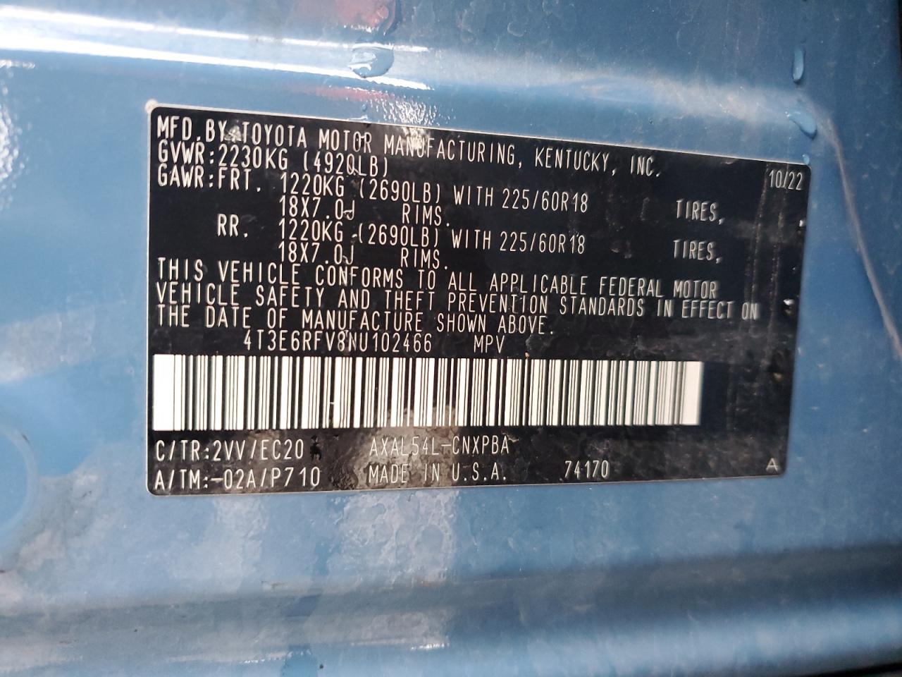 2022 TOYOTA RAV4 XSE VIN:4T3E6RFV8NU102466