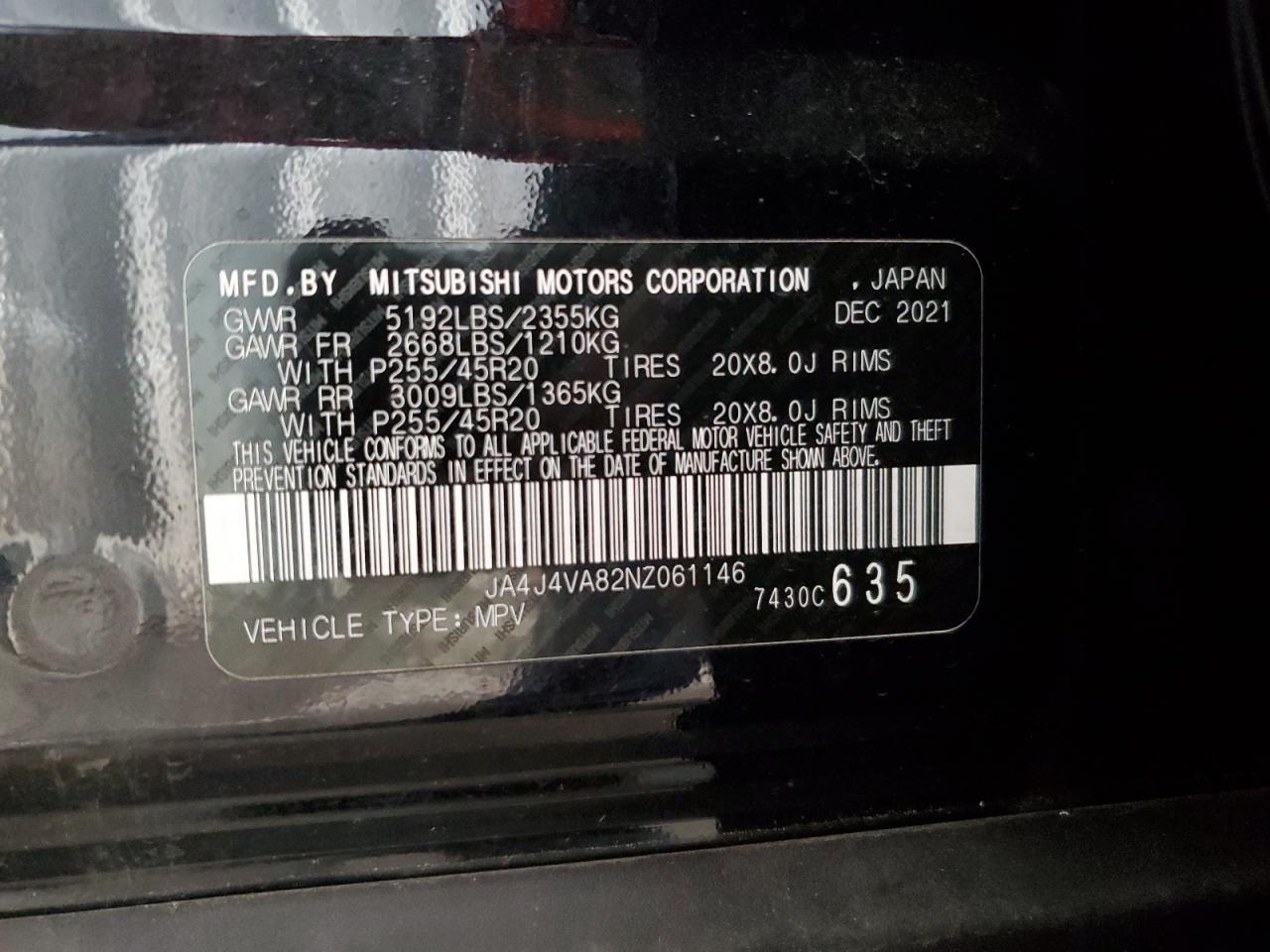 2022 MITSUBISHI OUTLANDER SEL VIN:JA4J4VA82NZ061146