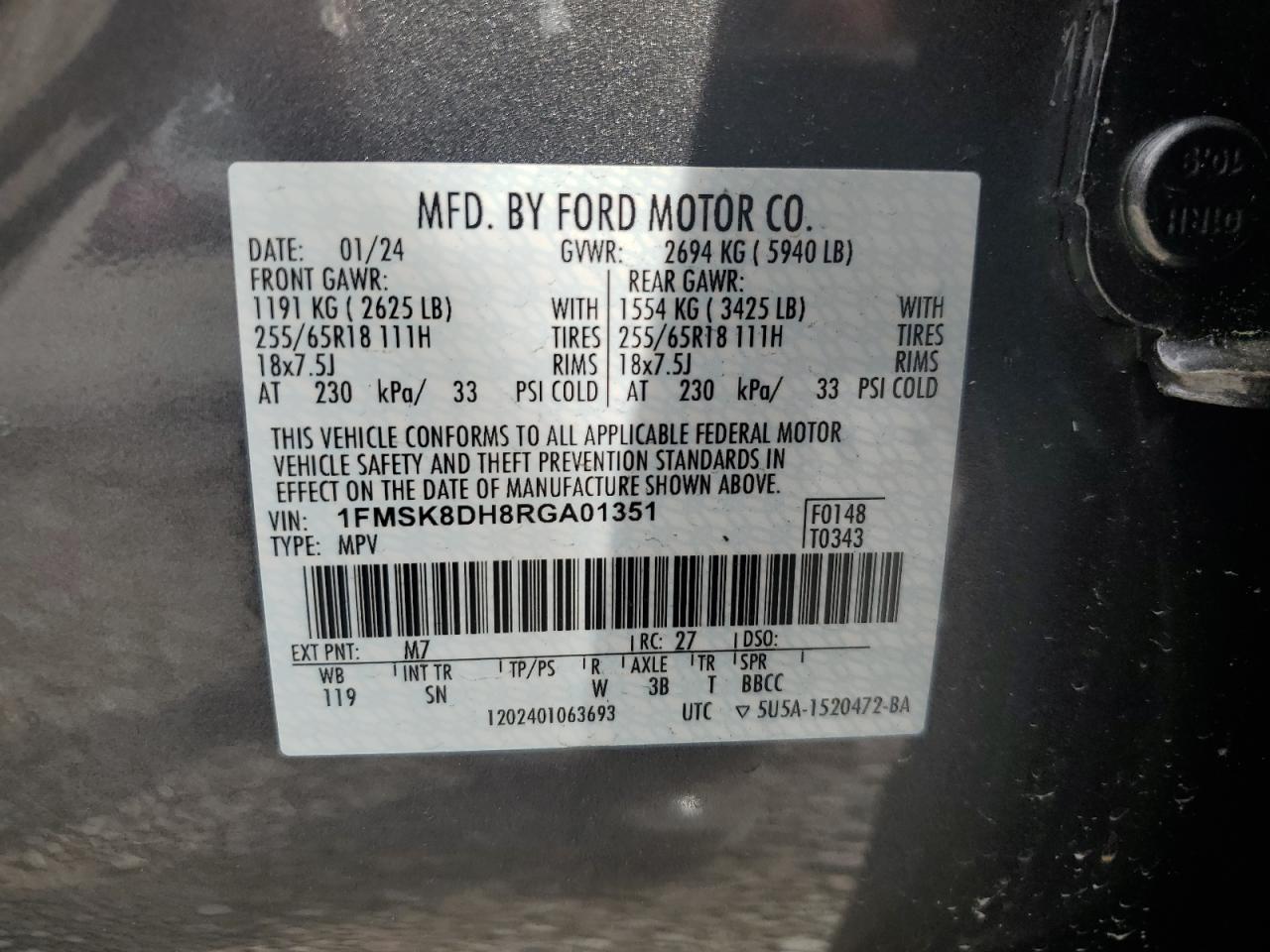 2024 FORD EXPLORER XLT VIN:1FMSK8DH8RGA01351