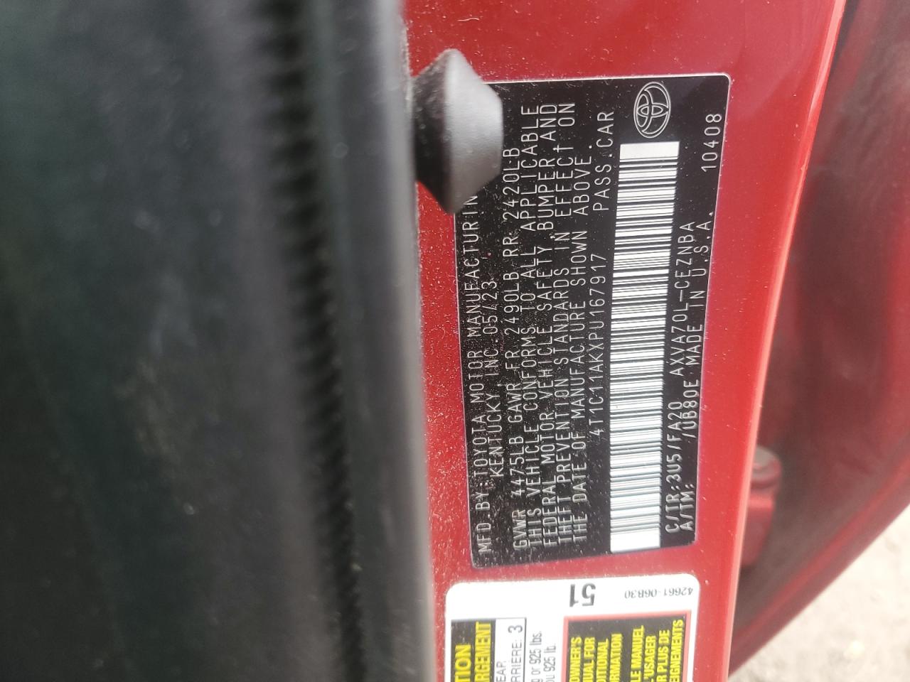 2023 TOYOTA CAMRY LE VIN:4T1C11AKXPU167917