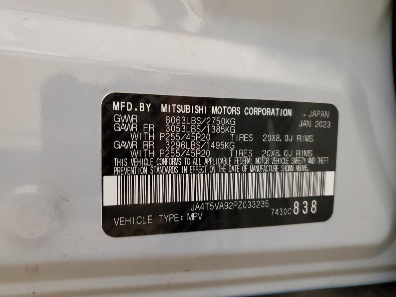 2023 MITSUBISHI OUTLANDER SEL VIN:JA4T5VA92PZ033235