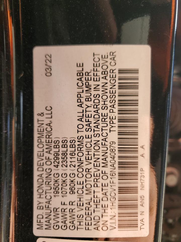 2022 HONDA ACCORD LX VIN:1HGCV1F16NA040879