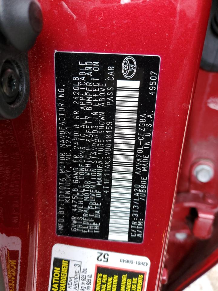2022 TOYOTA CAMRY XLE VIN:4T1F11AK3NU018159