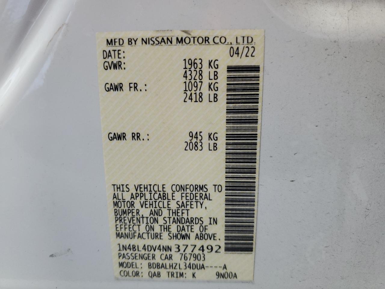 2022 NISSAN ALTIMA SV VIN:1N4BL4DV4NN377492