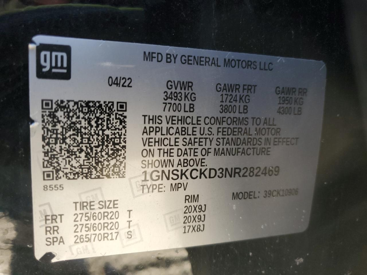 2022 CHEVROLET SUBURBAN K1500 LT VIN:1GNSKCKD3NR282469