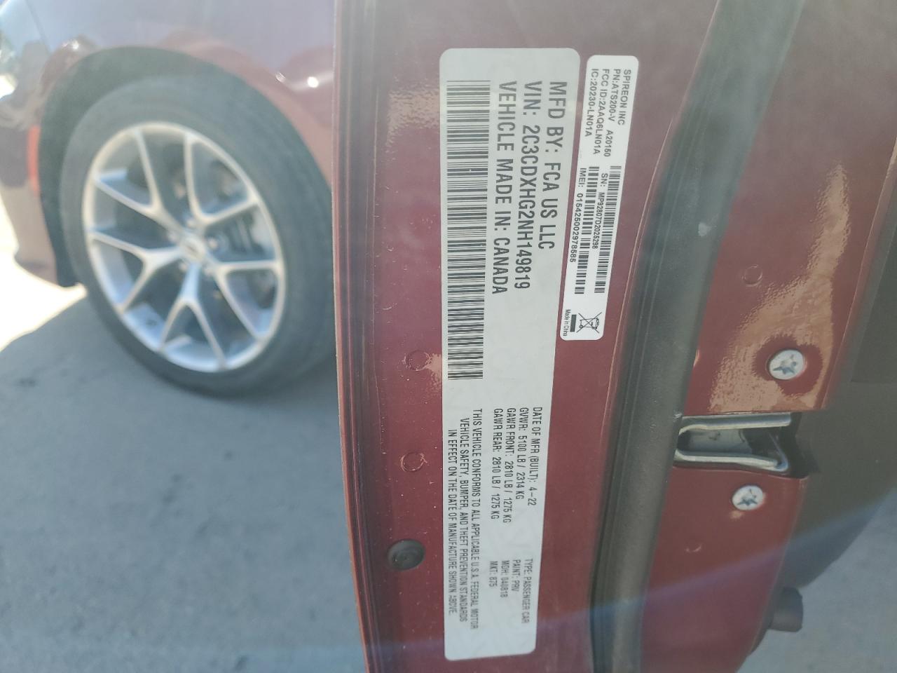 2022 DODGE CHARGER GT VIN:2C3CDXHG2NH149819