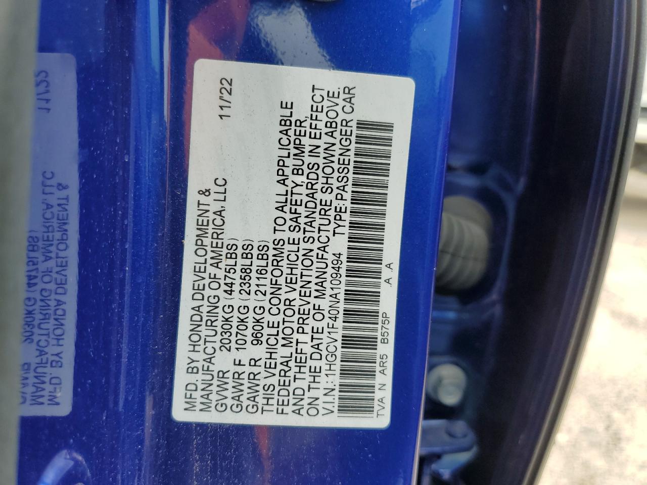 2022 HONDA ACCORD SPORT SE VIN:1HGCV1F40NA109494