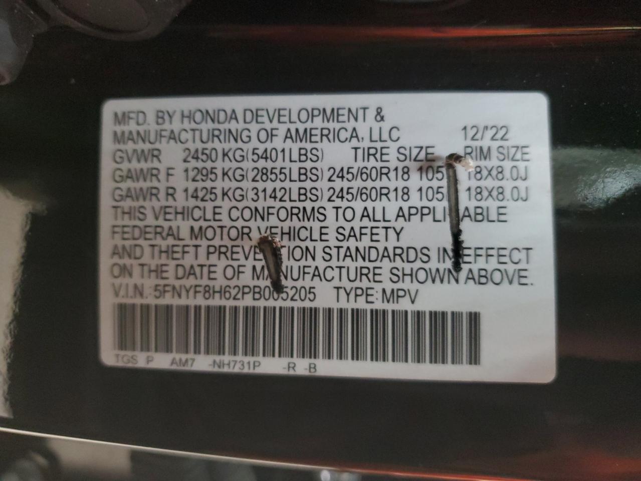 2023 HONDA PASSPORT TRAIL SPORT VIN:5FNYF8H62PB005205