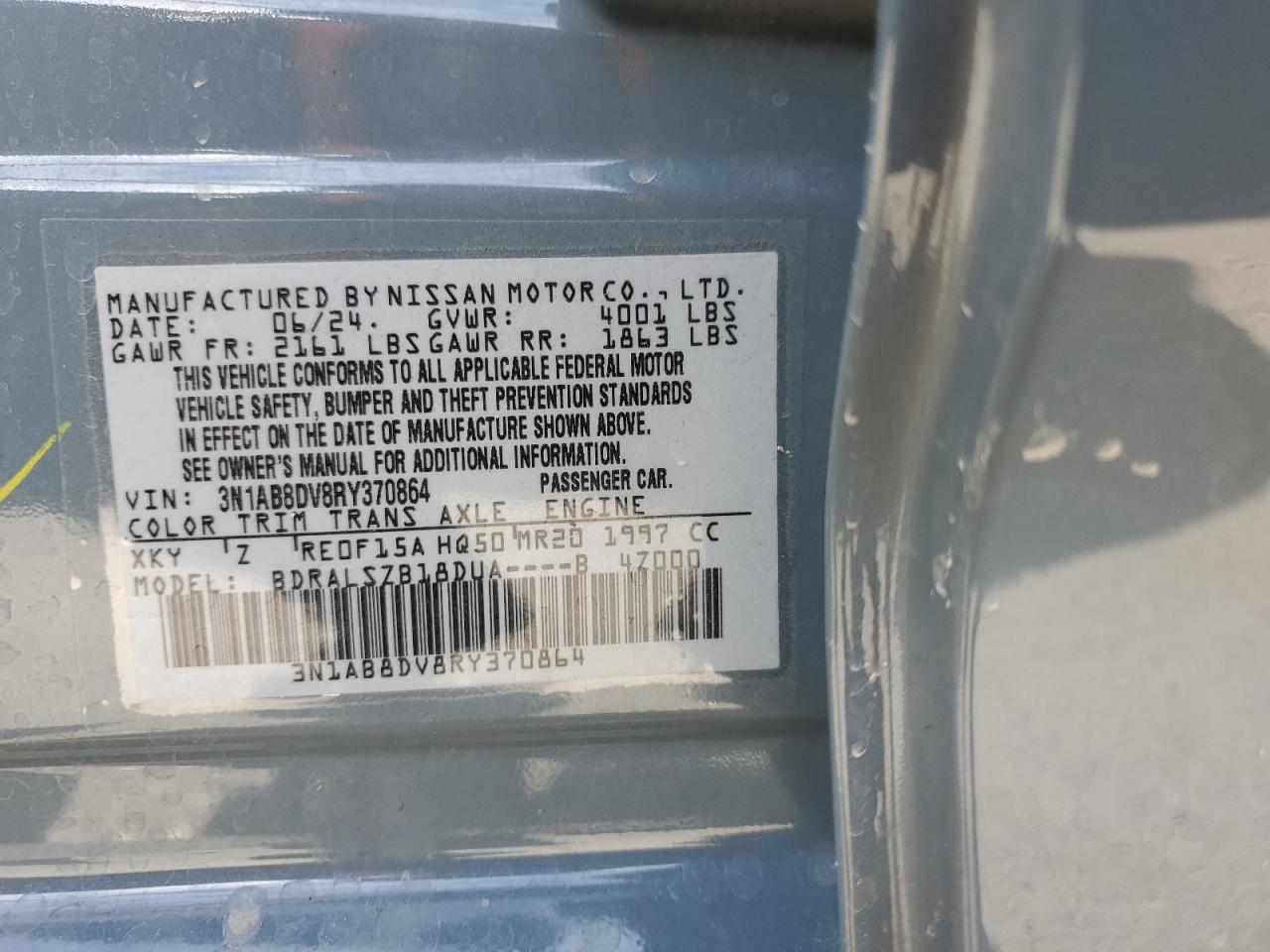 2024 NISSAN SENTRA SR VIN:KMHTG6AF7KU017934