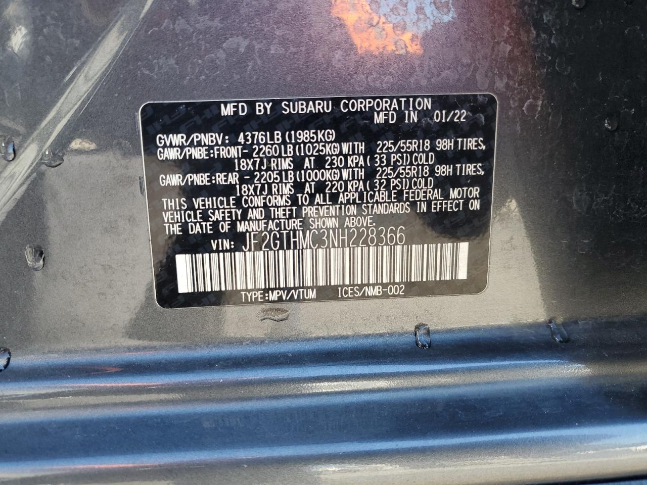 2022 SUBARU CROSSTREK LIMITED VIN:JF2GTHMC3NH228366