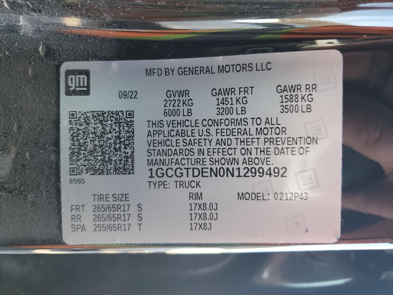 2022 CHEVROLET COLORADO Z71 VIN:1GCGTDEN0N1299492