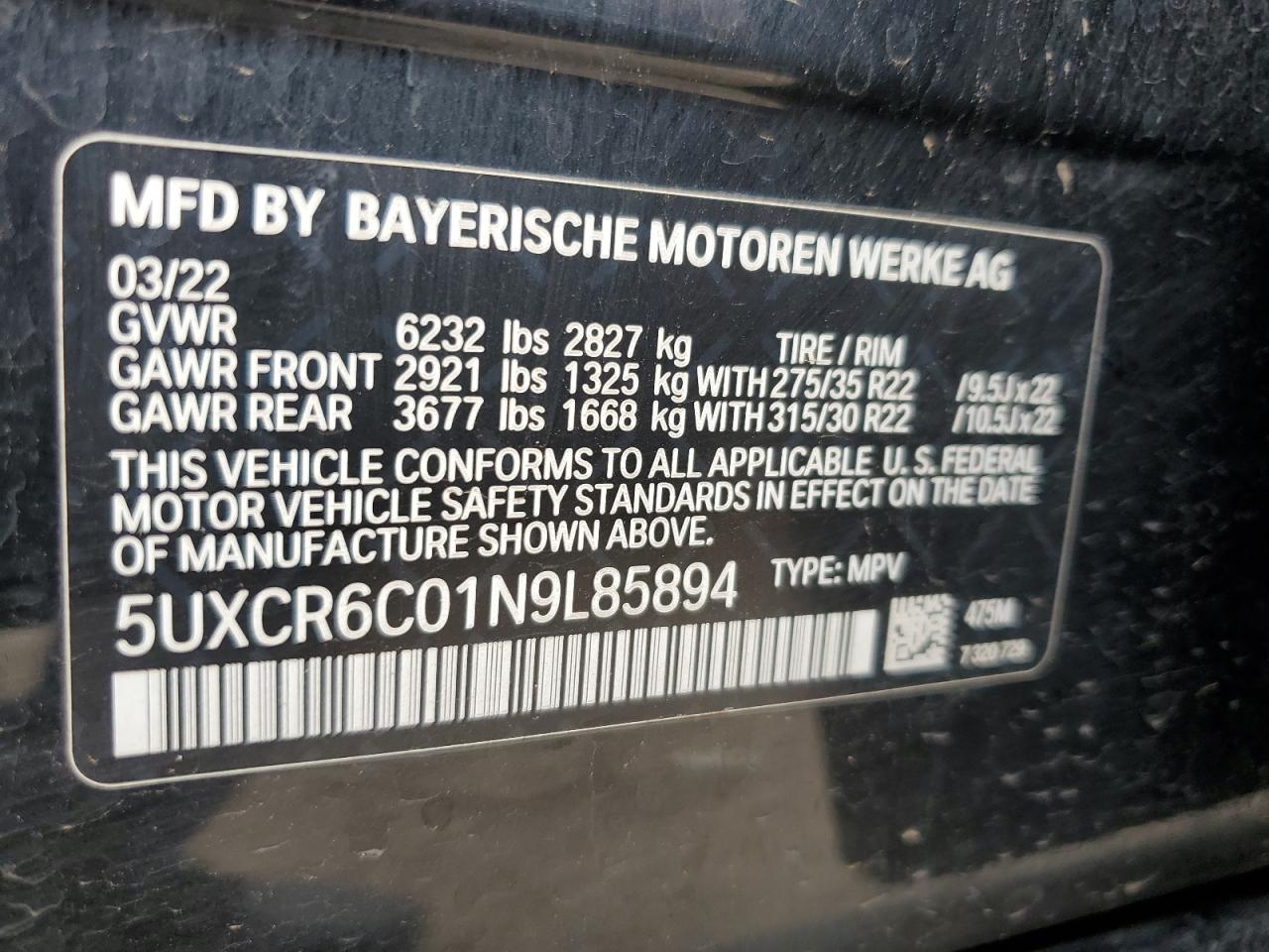 2022 BMW X5 XDRIVE40I VIN:5UXCR6C01N9L85894