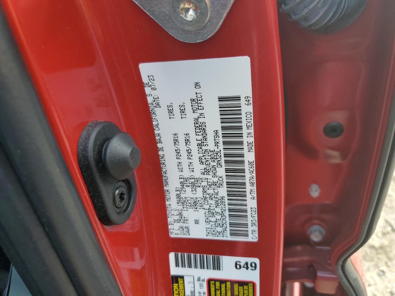 2023 TOYOTA TACOMA DOUBLE CAB VIN:3TMAZ5CN3PM212896