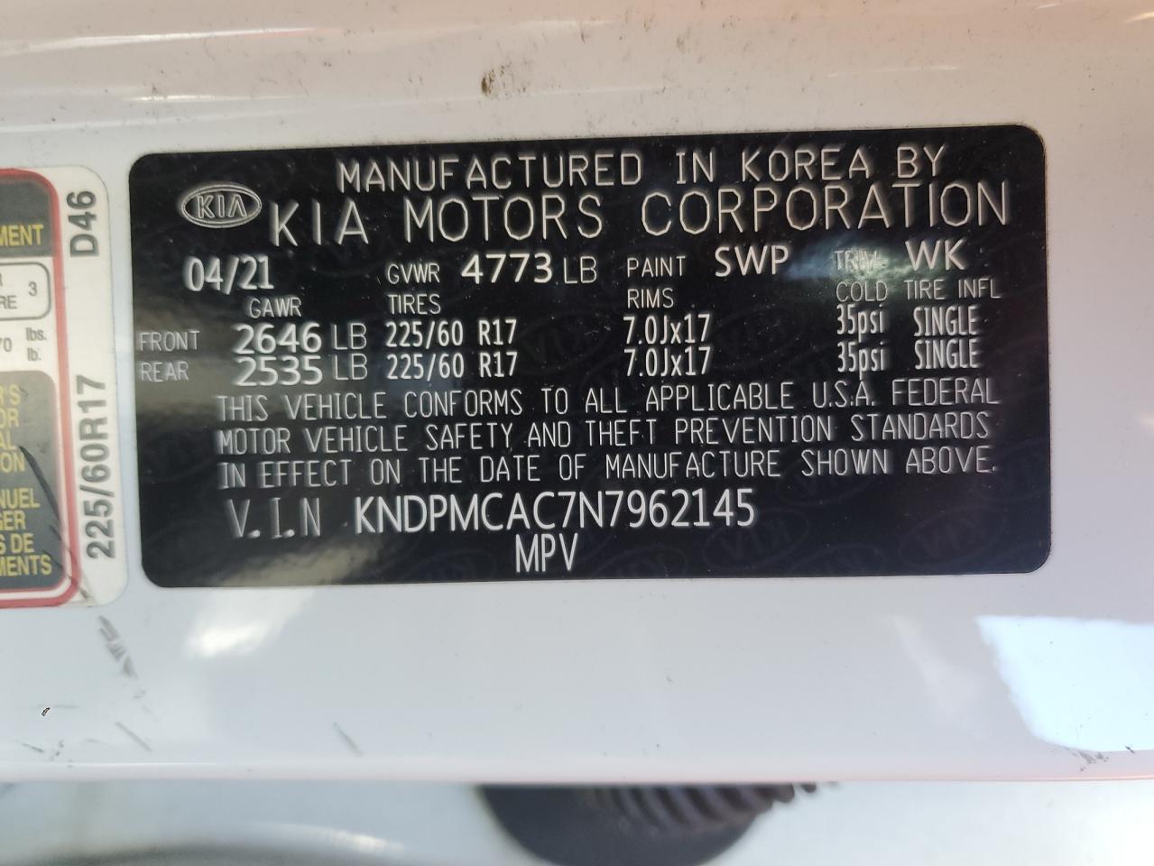 2022 KIA SPORTAGE LX VIN:KNDPMCAC7N7962145
