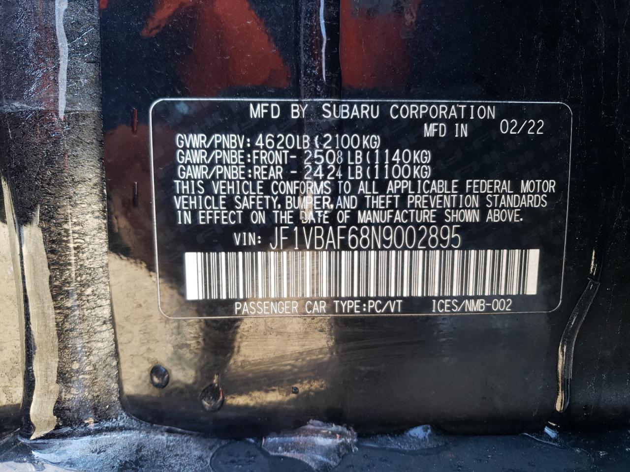 2022 SUBARU WRX PREMIUM VIN:JF1VBAF68N9002895
