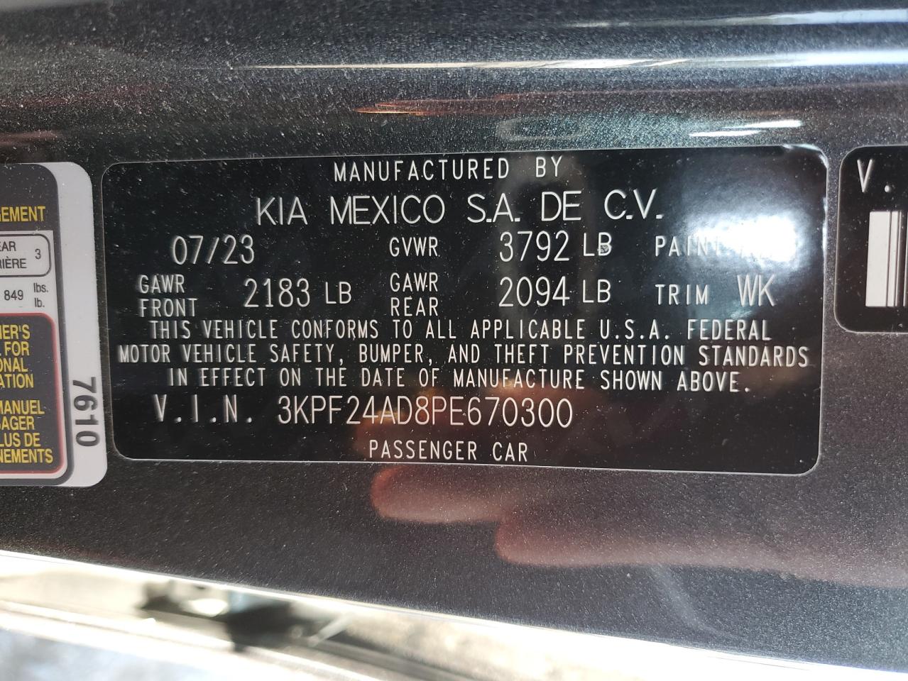 2023 KIA FORTE LX VIN:3KPF24AD8PE670300