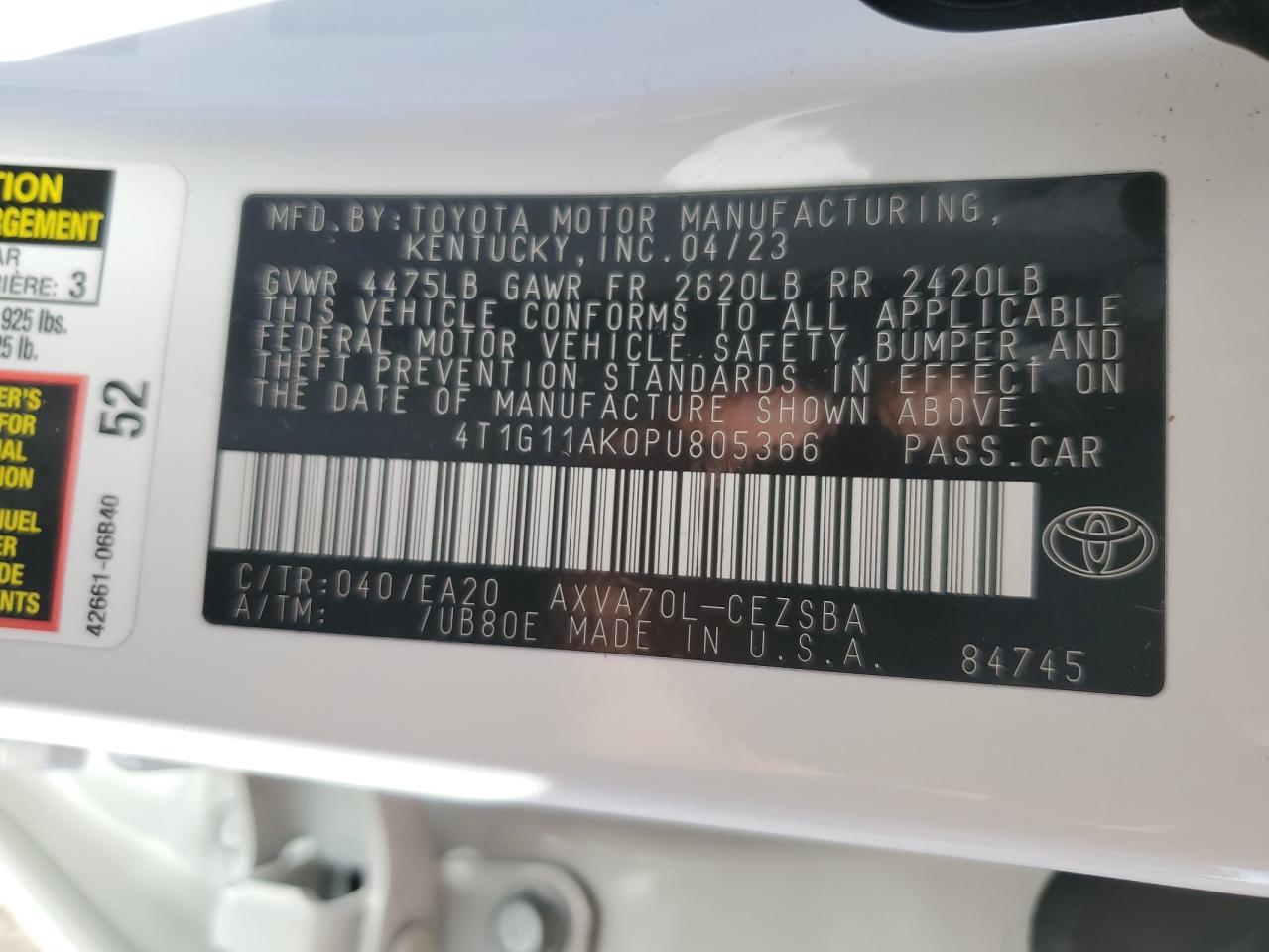 2023 TOYOTA CAMRY SE NIGHT SHADE VIN:4T1G11AK0PU805366